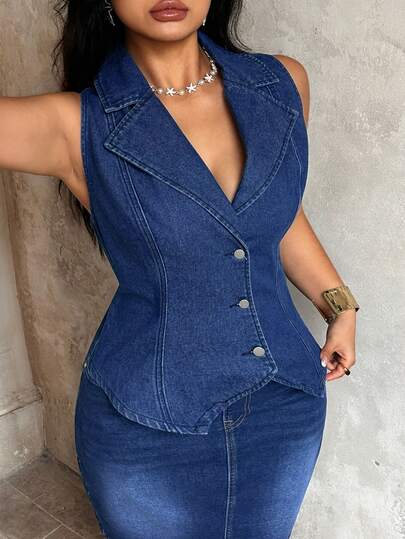SHEIN Holidaya Plus Size Women Lapel NeckSingle-Breasted Casual Denim Vest Jacket