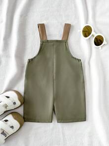 SHEIN Playful Pals 新生儿可爱卡通印花拼接口袋连体衣，休闲日常穿着 - 軍綠色 - 查看 2