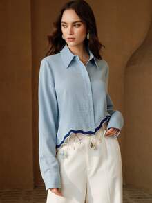 Anewsta Women's New Blue Heavy-Duty Sea Element Crocheted Shirt - Blue - View 6