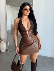 Dayanna Comas 女士性感紧身迷你裙，纯黑色，复古美式风格，四季皆宜 - 棕色 - 查看 6