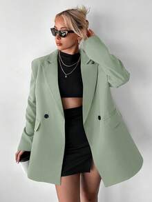 Ritzy Row Women's Casual Oversized Padded Shoulder Mid-Length Double-Breasted Blazer - Green - View 5