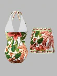 Swim Oasis Women's Fashion Botanical Print Halter One-Piece Swimsuit + Skirt Beach Holiday Swimwear Set - Multicolor - View 2