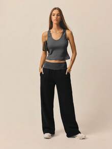 Aralina Contrast Ribbed Wide Waistband And Wide Leg Baggy Track Pants - Black - View 7