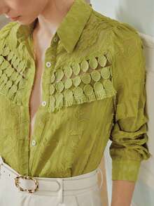 Anewsta Women's Autumn New Floral Lace Patchwork Chiffon Jacquard Blouse Teachers' Day Golf Pastal Sexy - Green - View 2