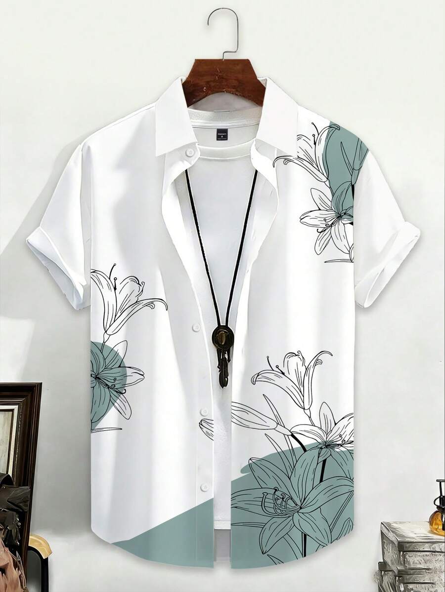 Manfinity RSRT 简约线条印花男士休闲短袖衬衫，百搭夏季休闲衬衫，适合送给男友/老公 - 彩色 - 查看 1