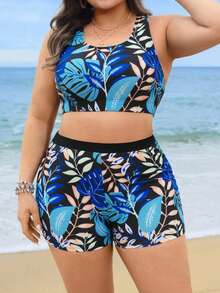 Swim Lushoire Große Größen 3-teiliges Bademode Set für Damen, Blume Muster Tankini Top, einfarbige Shorts und Strandkleid, konservativ-reifer Stil für Strand, Pool, Urlaub - Verschiedenfarbig - Übersicht 5