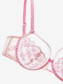 LUVLETTE 柔软女士内衣透气钢圈性感无衬垫显瘦粉色花卉蕾丝薄纱文胸 - 粉色 - 查看 8