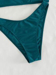 Swim Chiccia Women's Sexy One-Shoulder Swimwear Two Pieces Set, Elegant Minimalist Metal Decor Solid Color Beach Wear - Teal Blue - View 4