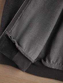 GALLERY FADE 男士街头时尚休闲刺绣连帽灰色牛仔夹克 - 深灰色 - 查看 7