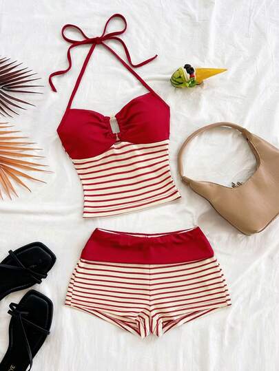 Soleia 2pcs Striped Knit Texture Sleeveless Top With Metal Buckle Spaghetti Strap And Shorts Set, Casual Vacation, Party, Date Night, Nightclub, Bohemian, Boho, Vintage, Holiday Outfit For Women