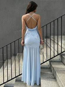 Firerie Đầm maxi nữ màu xanh nhạt mới, cổ chữ V sâu, lưng chéo, thêu hoa, chất liệu chiffon, thanh lịch, thích hợp đi làm, hẹn hò, dự tiệc, lễ hội âm nhạc, đám cưới, lễ tốt nghiệp, dạ hội. - Màu xanh nhạt - Xem 6