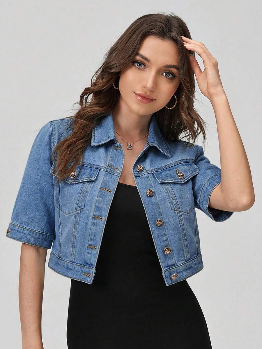 SHEIN EZwear 女士短袖单排扣休闲牛仔外套 - 淺色水洗藍 - 查看 1