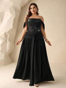 Coutiva Plus Size Sequin Patchwork Off-Shoulder Formal Evening Gown Plus Size Off Shoulder Evening Gown Sequin Corset Formal Maxi Dress Elegant Ruched Waist Banquet Dress Off Shoulder Bardot Neckline Sparkle Sequin Embroidered Bodice High Waist A Line Silhouette Formal Evening Banquet Wedding Reception Party Elegant Sophisticated Classic Solid Black - Black - View 4