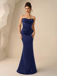 Coutiva Đầm dạ hội nữ đính sequin xếp ly eo - Màu xanh hải quân - Xem 4