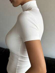 DAZY Women's Stand Collar Short Sleeve Fitted Casual Street T-Shirt Summer - White - View 4