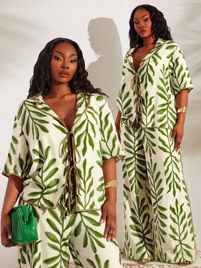 SHEIN SXY Plus Size Apricot/Green Floral Print Tie-Front Short-Sleeved Shirt And Wide-Leg Trousers Casual Two-Piece Set,Spring/Summer Casual Vacation Bohemian Elegant Suitable For Everyday Wear, Music Festival, Concert, Carnival Party, Beach Vacation, Date Night, Birthday, Bachelorette Party, Club, Cute, Casual, Shopping, Streetwear, Going Out, Easy To Match & Looks Slim, Accent Your Body, Flatter The Figure