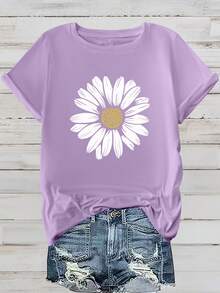 EMERY ROSE Áo thun nữ cỡ lớn tay ngắn in họa tiết hoa, áo thun nữ cổ tròn in hình hoa, áo thun nữ in hình đồ họa. - Màu tím - Xem 1