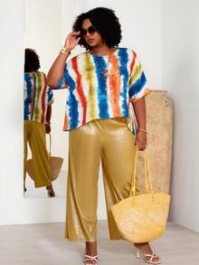 EMERY ROSE Plus Size Colorful Round Neck Top & Solid Pants 2 Pieces Set Women's Summer Casual Outfit,Mustard Yellow,Autumn,Boho,Vacation,Holiday Beach Festival - Multicolor - View 5