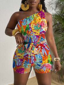 Slaydiva Spring/Summer New Western/Boho Style Jumpsuit, Suitable For Music Festivals, Easter, Nashville, Birthday Parties, Graduation, Student Wear, Daily Casual, Vacation, Cruise Travel, Beach, Sunbathing, One Shoulder Twist Waist Design, Textured Fabric, Waist Tie, Slimming, White, Women - Multicolor - View 2