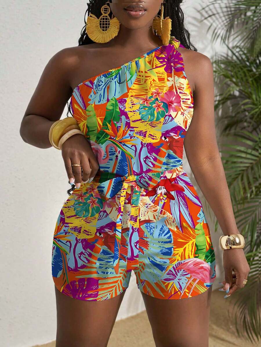 Slaydiva Spring/Summer New Western/Boho Style Jumpsuit, Suitable For Music Festivals, Easter, Nashville, Birthday Parties, Graduation, Student Wear, Daily Casual, Vacation, Cruise Travel, Beach, Sunbathing, One Shoulder Twist Waist Design, Textured Fabric, Waist Tie, Slimming, White, Women