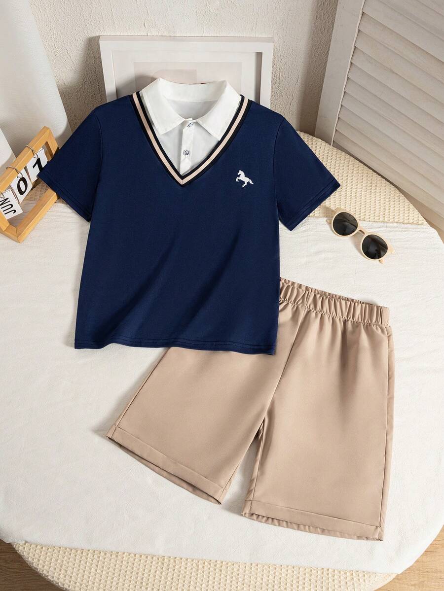 男童绅士风Polo衫和休闲短裤套装（2件套），夏季 - 彩色 - 查看 1