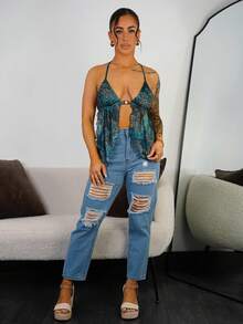 SAYEHFBABY 全身印花露背不对称下摆性感吊带背心 - 白色 - 查看 5