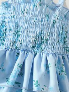 SHEIN Vintaside Kids BABYGIRL Summer Spaghetti Strap Romper With Ruffled Hem, Playful Design For Everyday Wear - Baby Blue - View 4