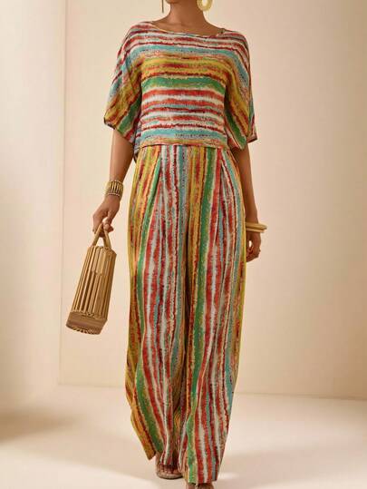 Vesra Damen Urlaubsstil buntes gestreiftes Fledermausärmel Top + passende weite Hose 2-teiliges Set