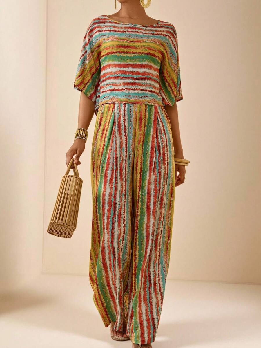 Vesra Conjunto de 2 piezas de top de manga de murciélago a rayas de estilo vacacional colorido + pantalones de pierna ancha a juego - Multicolor - Ver 1