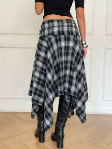 Aloruh 女士春夏新款不对称下摆格子中长裙，复古Y2K街头风 - 黑與白 - 查看 2