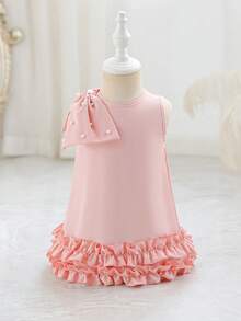 SHEIN Glamorique Kids 女婴优雅蝴蝶结3D花朵装饰无袖连衣裙，适合婚礼、派对、生日、度假、拍照、夏季等场合 - 粉色 - 查看 3