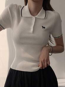DAZY Women's Unicorn Embroidered Polo Collar Short Sleeve Casual Knit Top Summer - White - View 7