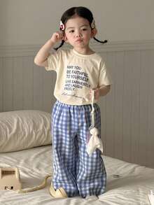2件套女婴圆领字母印花短袖上衣和格子休闲裤家居服套装 - 杏色 - 查看 6