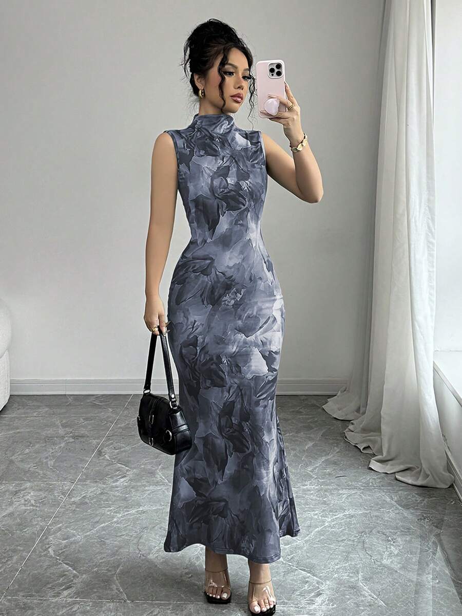 Selianne 扎染印花无袖美人鱼连衣裙 - 黑色 - 查看 1