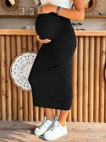 SHEIN Maternity Casual Solid Color Adjustable Waist Skirt - Black - View 6