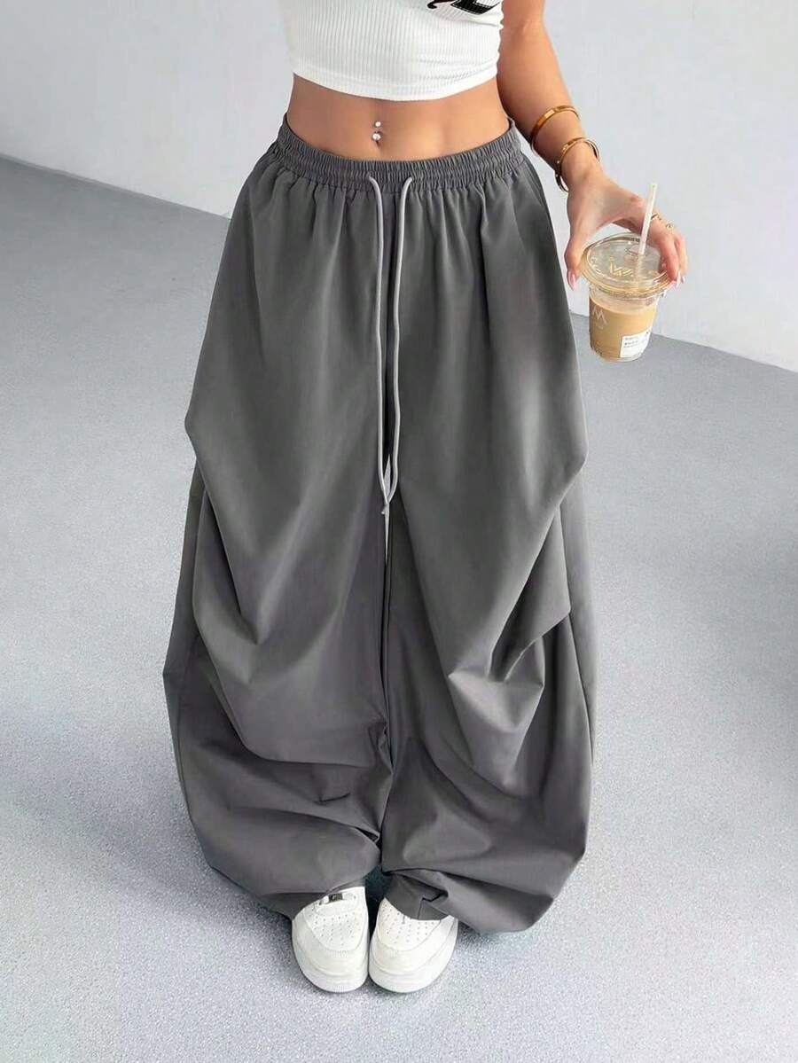 valorelle valorelle 女士休闲宽松褶皱裤，街头风设计，复古美式宽松裤，阔腿裤，哈伦裤，超大裤，灯笼裤，女士宽松裤，女士夏季裤，女士超大裤，女士宽松裤，女士宽松服装 - 灰色 - 查看 1