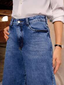 Daynim Quần jeans ống rộng cạp cao không thắt lưng - Rửa trung bình - Xem 5