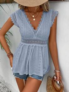 SHEIN Frenchy 女士休闲纯色撞色蕾丝V领T恤，夏季 - 淺藍色 - 查看 5