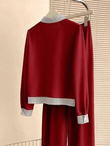 Resyla Women's New Striped Shirt & Wide Leg Pants 2 Pieces Set, Autumn/Winter Outfit - Red - View 2