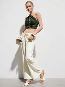 Aveloria Modichic Women's Army Green Summer Seksi Chic Club Night Shimmering One Shoulder Asymmetric Cutout Front Ruched Slim Cropped Y2k Top With Inner Tube Structure - Army Green - View 5