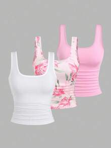 Flirla Áo ba lỗ cổ vuông xếp ly thường ngày đa năng cho nữ cỡ lớn - Nhiều màu - Xem 1