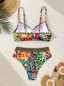 SHEIN Swim 女士夏季沙滩印花链条聚拢比基尼套装 - 彩色 - 查看 2