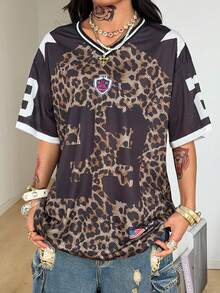 Coolane 女士加大码春夏节日复古街头运动风印花棒球衫T恤，豹纹上衣，秋季服装，猎豹纹上衣，豹纹上衣 - 彩色 - 查看 4