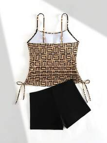 Swim Lushoire Women's Tankini Swimsuit 2 Pieces Set, Allover Print, Ruched Bust Design, Drawstring, Conservative, Beach Vacation, Adjustable Straps, Summer - Apricot - View 8