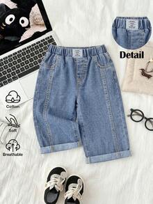 SHEIN Toddler Boys' Loose Cuffed Blue Denim Pants - Light Wash - View 1