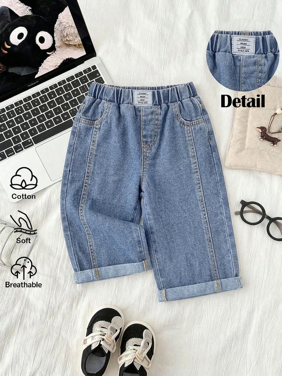 SHEIN Toddler Boys' Loose Cuffed Blue Denim Pants - Light Wash - View 1