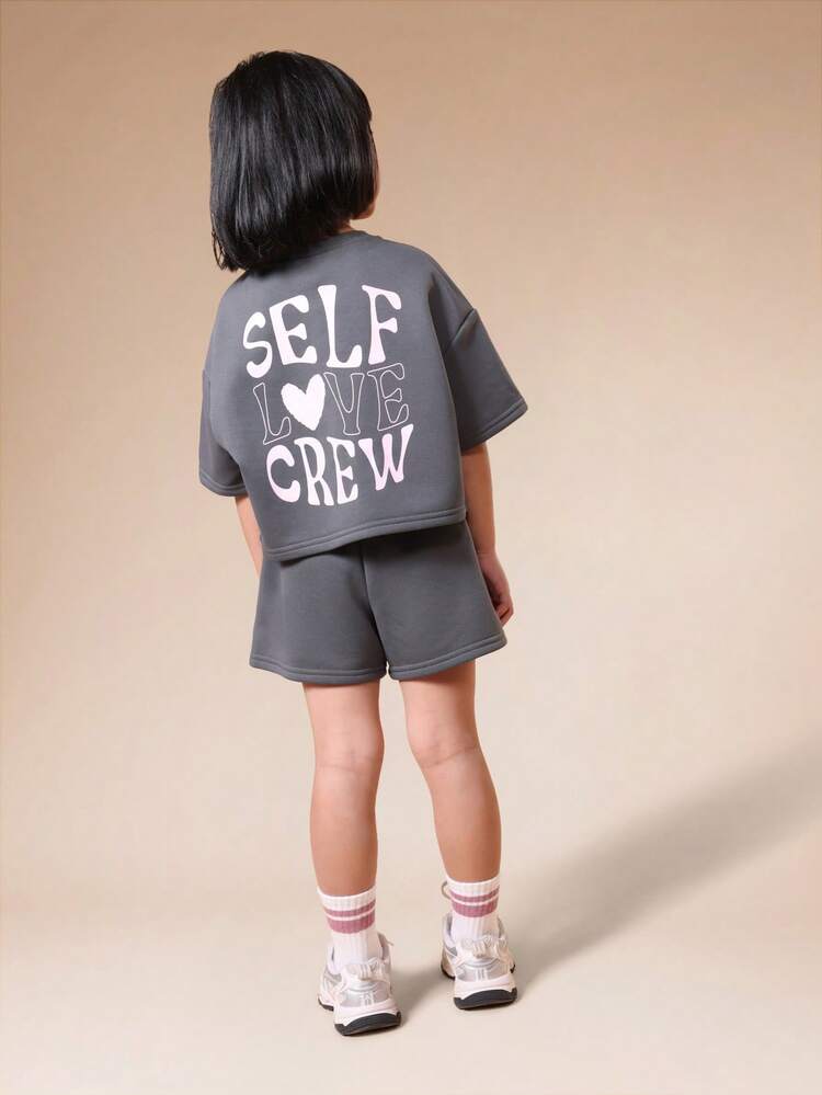 Girls Oversized Crop Sweatshirt And High Rise Shorts Set With Lifestyle Statement Print Back Casual Coordinate Outfit Spring Summer