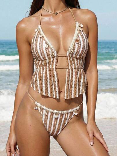 Bellisia Women's Striped Ruched Halter Tie Tankini Top And Triangle Bottoms Swimsuit Set, Suitable For Summer Vacation
