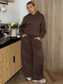 Bethéva Bộ áo hoodie lót giữ nhiệt và quần nỉ dáng rộng thoải mái cho nữ mùa thu/đông - màu nâu - Xem 1