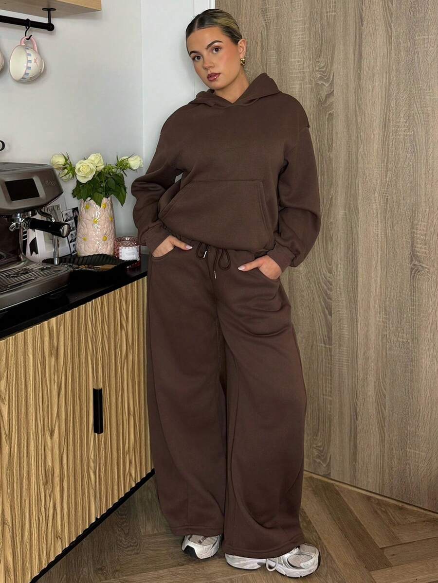 Bethéva Bộ áo hoodie lót giữ nhiệt và quần nỉ dáng rộng thoải mái cho nữ mùa thu/đông - màu nâu - Xem 1